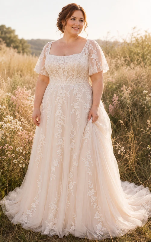 Plus Size Square Neck Lace A-Line Wedding Dress with Short Sleeves