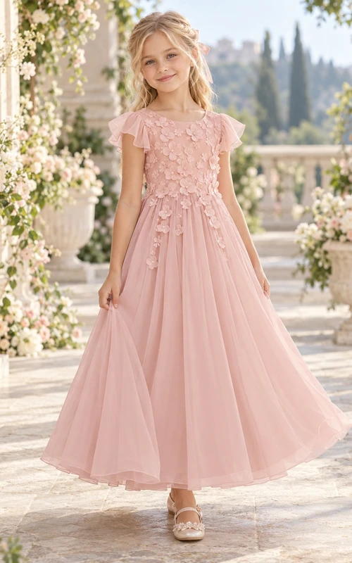 Blushing Pink Flutter Sleeve Floral Applique Ankle-length Flower Girl Dress