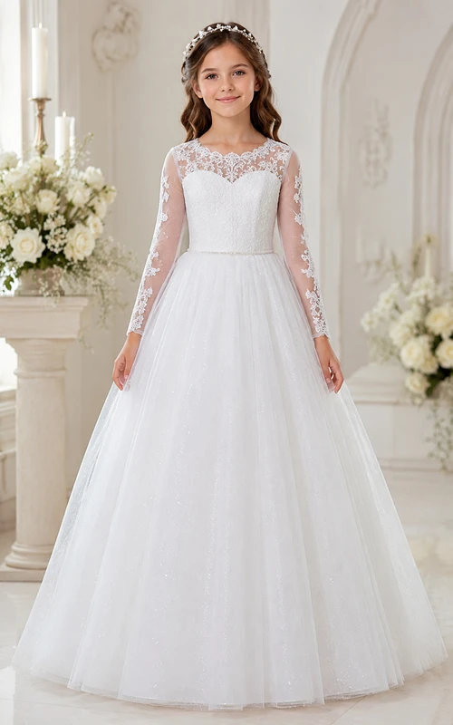 Robe de bal de première communion en tulle blanc illusion dentelle à manches longues