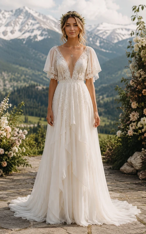 Vestido de novia sencillo de corte A, estilo campestre, manga corta, escote en V, encaje, gasa, largo hasta el suelo, cola capilla, color marfil.