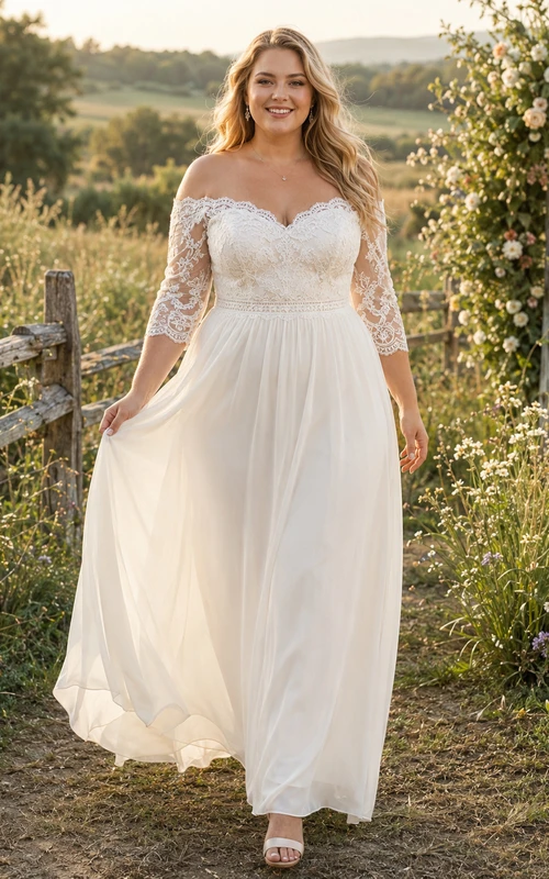 Robe de mariée en mousseline et dentelle, coupe trapèze, épaules dénudées, manches mi-longues, traîne.