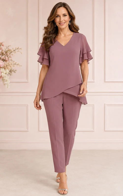 Vintage-Mauve-farbener, romantischer Hosenanzug mit V-Ausschnitt, gestuften Rüschenärmeln, asymmetrischem Schnitt und Knöchellänge – perfekt für die Mutter der Braut.