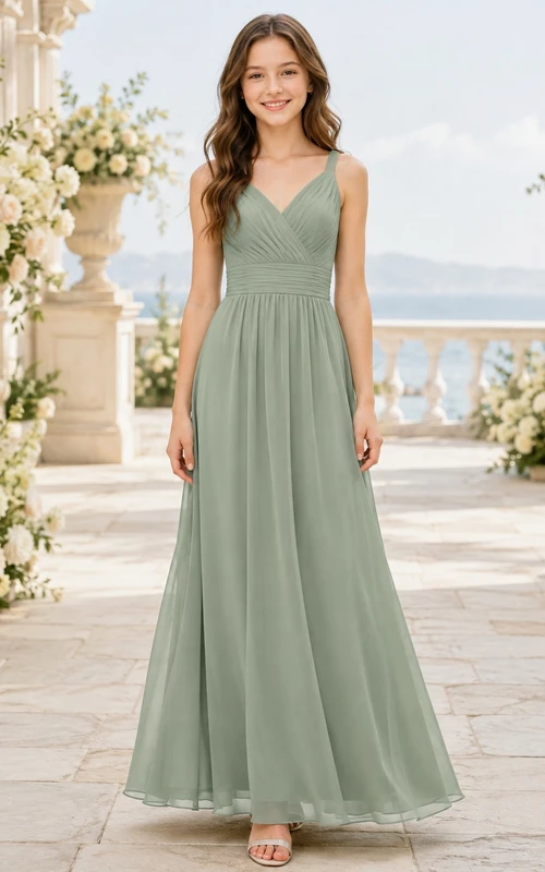Vestido de dama de honor juvenil color celadón, corte en A, escote en V, sin mangas, de gasa, con detalle de lazo, estilo romántico.