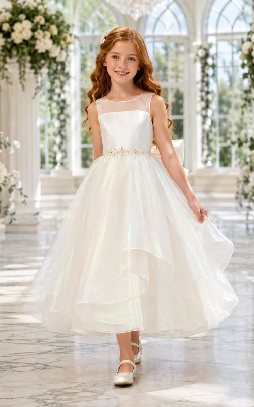 Flower Girl Dress A-Line Cream Satin Tulle Sleeveless Bow Ceremony