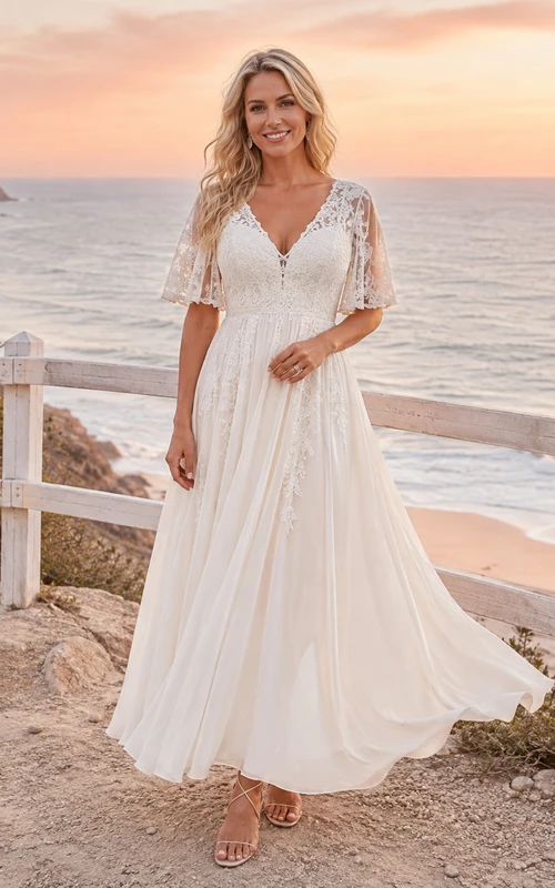 Lässiges Strand-Hochzeitskleid aus Chiffon mit V-Ausschnitt, halben Ärmeln und A-Linien-Schnitt, bodenlang