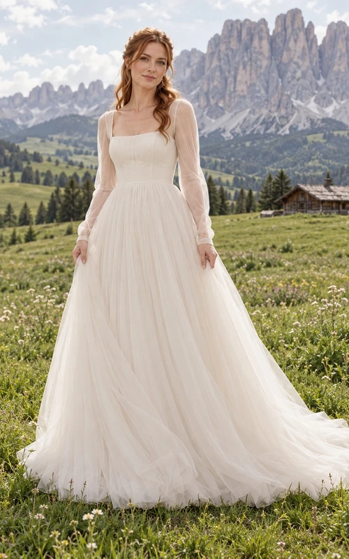 Vestido de novia romántico de tul con escote cuadrado, corte en A, mangas largas y cola.