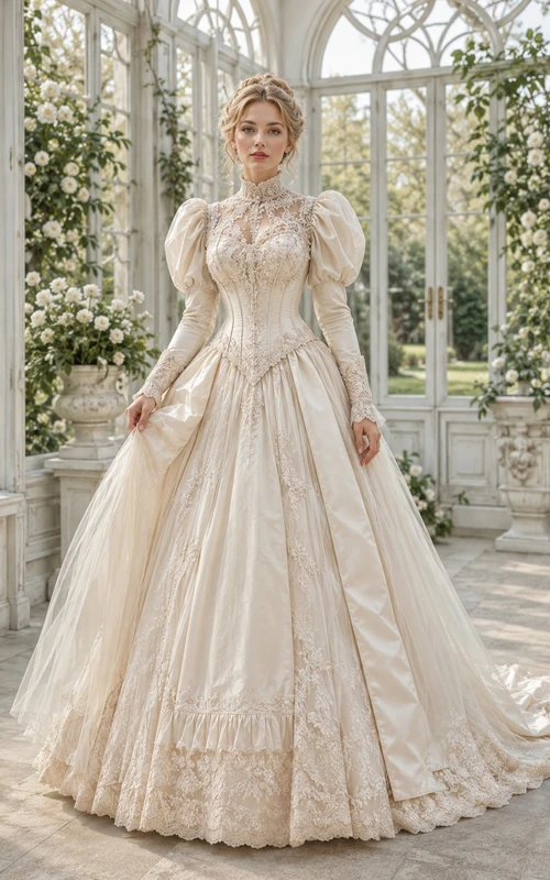 Champagne High-Neck Long-Sleeve Taffeta Lace Ball-Gown Floor-length Sweep Vintage Formal Gown