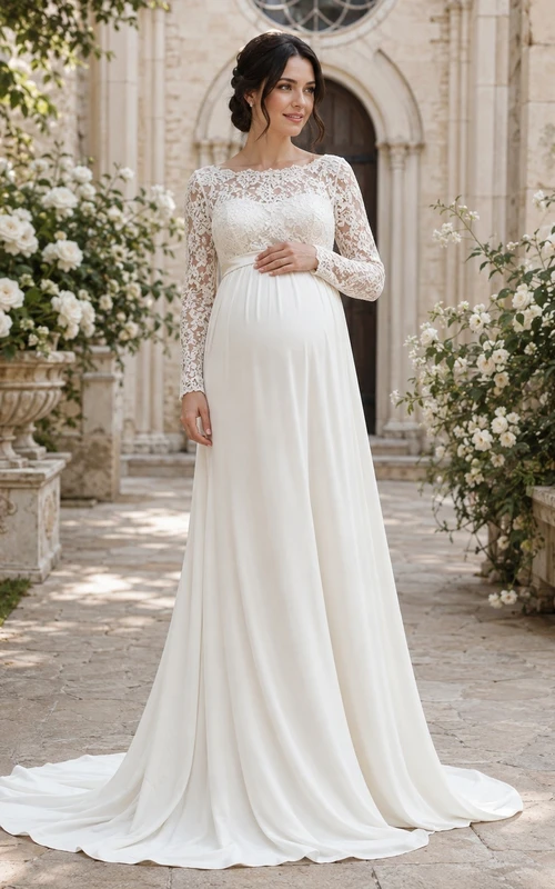 Elegante vestido de novia premamá con escote joya, mangas largas, encaje y cola de imperio.