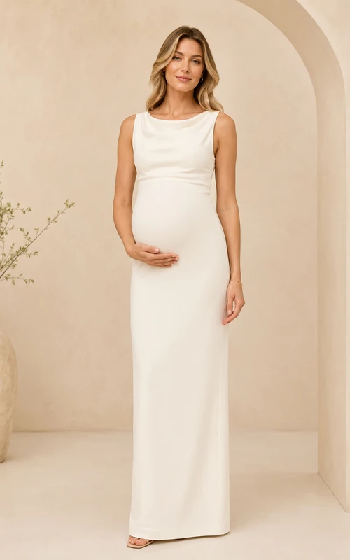 Robe de mariée minimaliste de maternité, col bateau, sans manches, fourreau en satin, longueur au sol