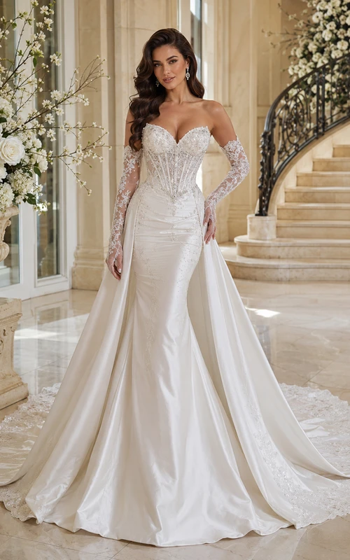 Robe de mariée sirène en satin immaculé et dentelle, décolleté cœur, manches longues transparentes, traîne cathédrale, jupe amovible, robe de bal