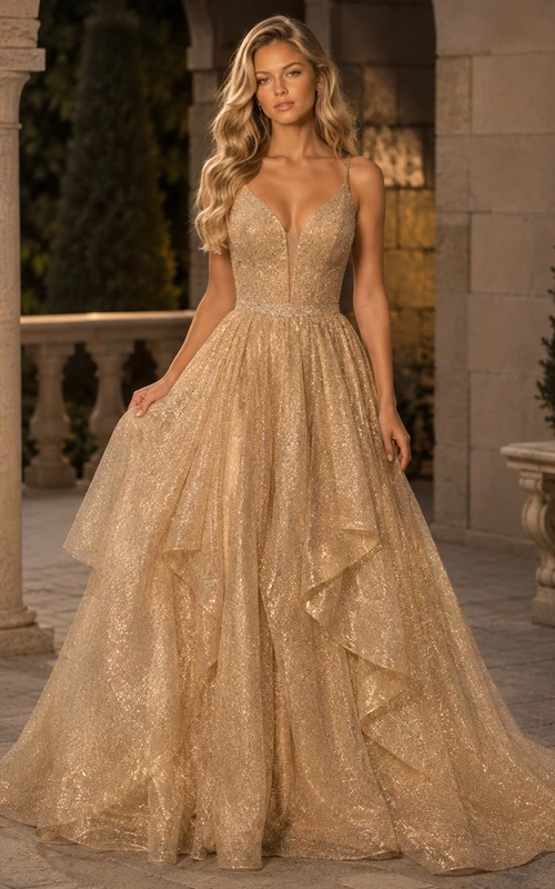 Goldenes Abendkleid, goldener Ballkleid, V-Ausschnitt, Tüll, ärmellos, bodenlang, Luxuskleid