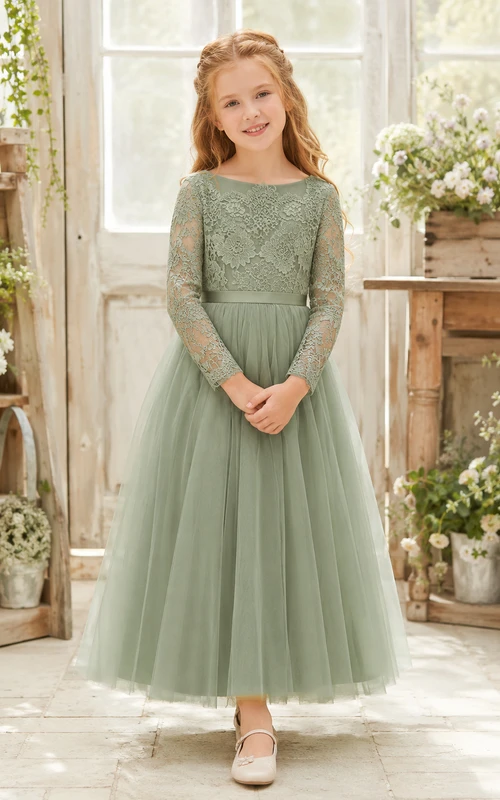 Flower Girl Dress Sage Lace Tulle A-Line Long Sleeve Jewel Neck Tea Length
