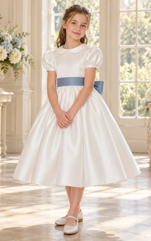 Elfenbeinblaues Blumenmädchenkleid mit Schärpe, Peter-Pan-Kragen und Puffärmeln