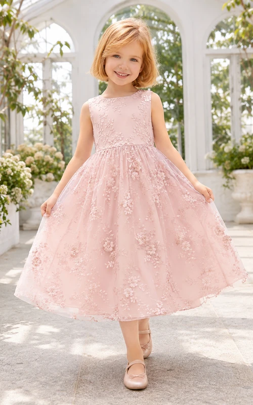 Robe de demoiselle d'honneur rose poudré, coupe trapèze, en tulle et dentelle, col bijou, sans manches, ornée d'appliqués floraux.
