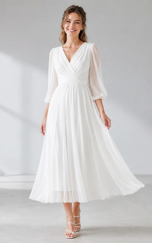Weißes, langärmeliges Chiffon-Wickelkleid in A-Linie mit V-Ausschnitt und Teelänge