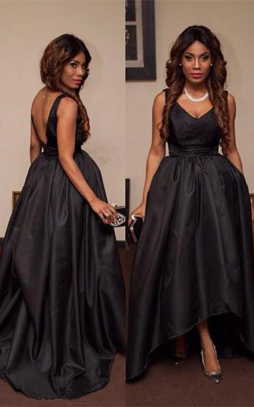 Robe de bal noire sexy sans manches à col en V et traîne asymétrique
