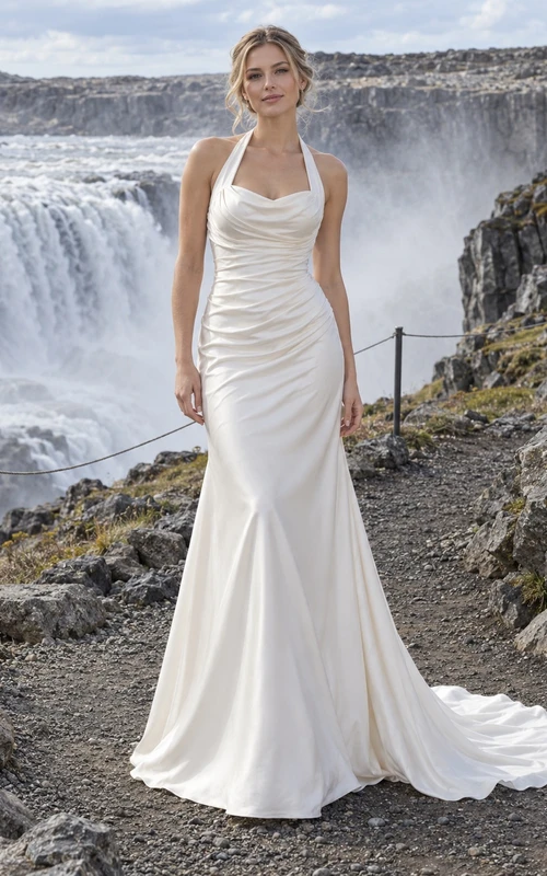 Vestido de novia de charmeuse estilo sirena con escote halter, cuello drapeado y torso fruncido.