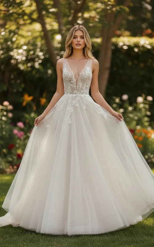 Ätherisches Tüll-Brautkleid in A-Linie mit V-Ausschnitt und floraler Stickerei