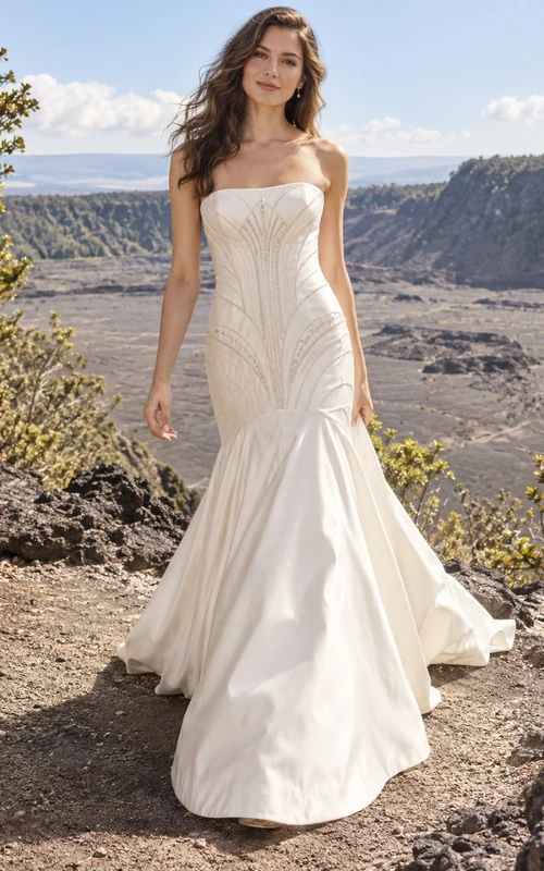 Vestido de novia estilo sirena sin tirantes, estilo art déco, sin mangas, con estampado geométrico de cuentas y cola larga de satén.