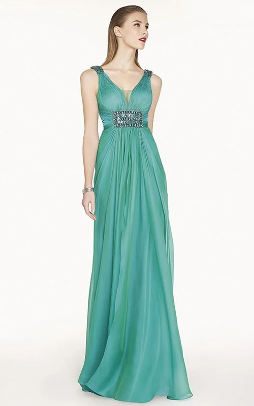 Empire-Abendkleid aus Chiffon mit Kristallverzierungen an der Taille, A-Linie und Wasserfallausschnitt am Rücken