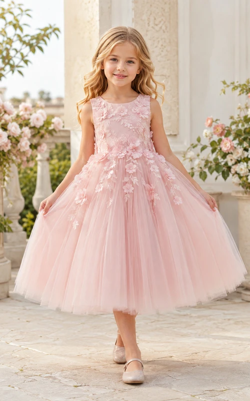 Flower Girl Dress Blush Lace Tulle A-Line Short Sleeve Jewel Neck Tea Length