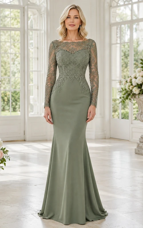 Vestido de noche romántico largo hasta el suelo, de encaje color salvia, con escote cuadrado y mangas largas, corte sirena.