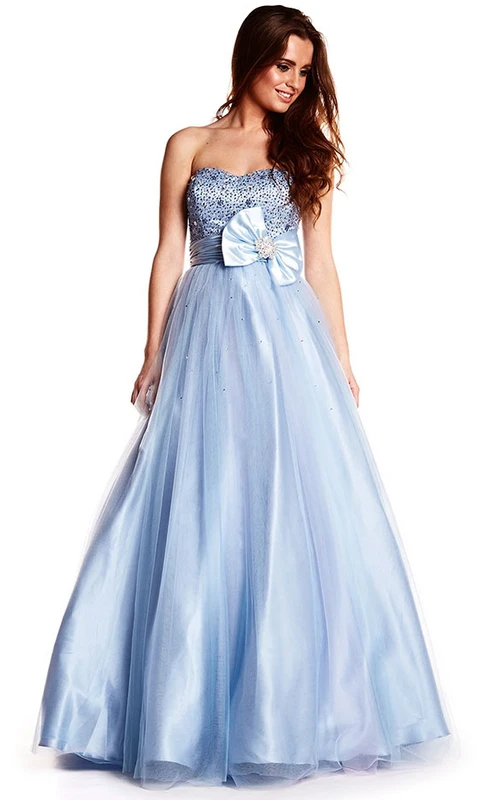 Robe de bal longue trapèze sans manches et sans bretelles, en tulle et satin perlés, avec nœud.