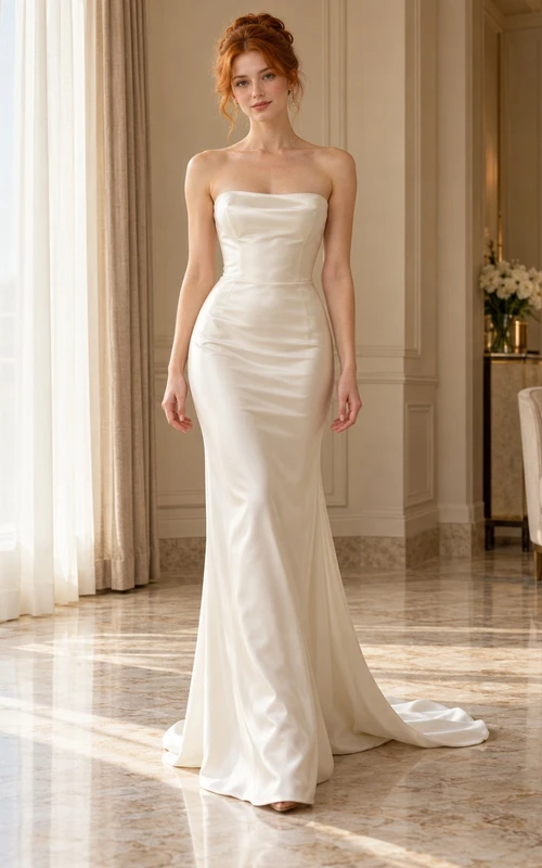 Simple Strapless Ruched Satin Fitted Bridal Train Wedding Dress