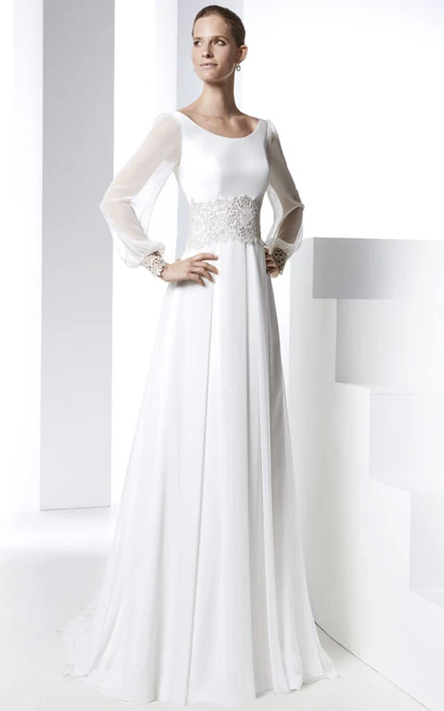 Vestido de novia de gasa con cuello redondo y mangas largas, estilo tubo, con apliques