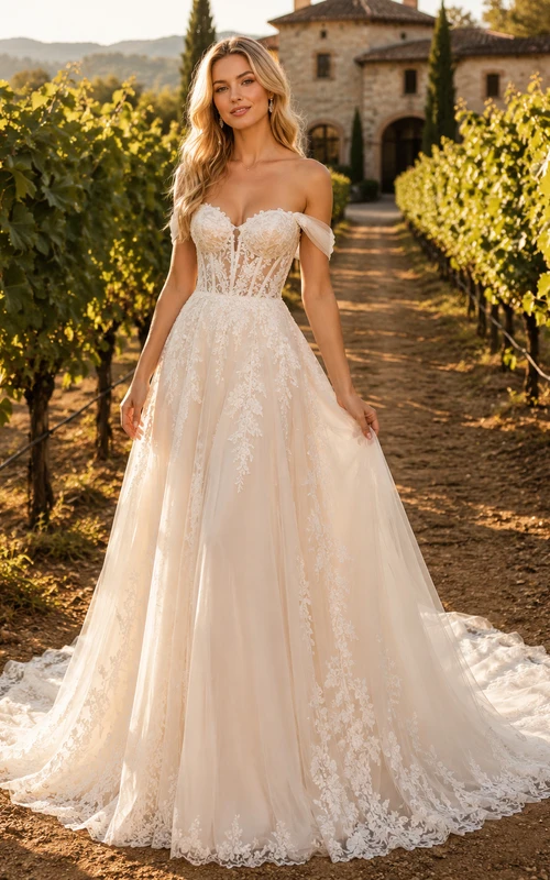Vestido de novia de encaje campestre, corte en A, hombros descubiertos, cola larga, espalda baja en V.