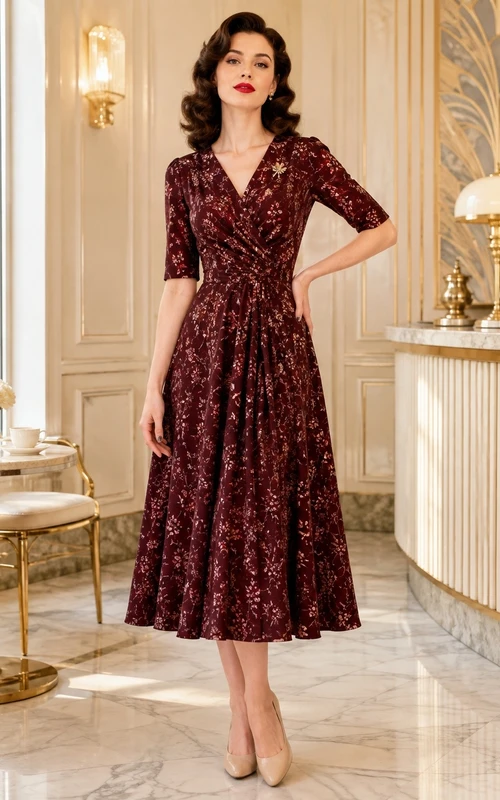 Burgundy Floral Chiffon V-neck Three-quarter Sleeve Vintage Tea Dress