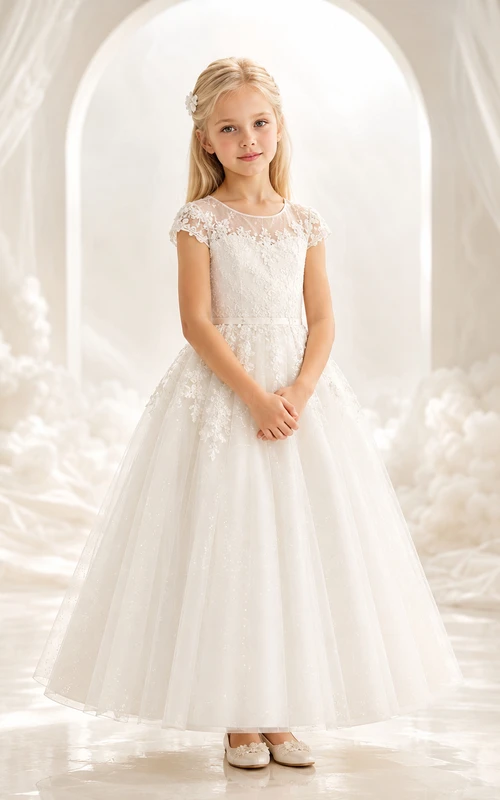 Vestido de niña de las flores, color marfil, encaje, tul, corte en A, manga corta, escote redondo, largo midi.