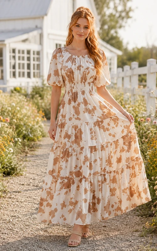 Cremefarbenes, braunes Landhauskleid mit Kuhmuster, Rundhalsausschnitt, kurzen Ärmeln, Chiffon-Stufenrock und Knöchellänge