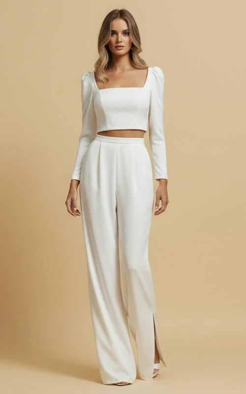 Combinaison de mariage à manches longues, col carré, taille haute et jambes larges avec fente latérale