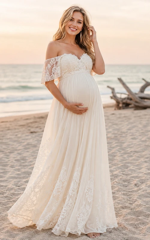 Vestido de novia de encaje campestre, corte en A, hombros descubiertos, manga larga, cola capilla, espalda descubierta.