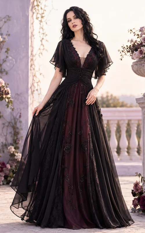 Black V-Neck Short-Sleeve Tiered Tulle A-Line Floor-Length Gothic Dress