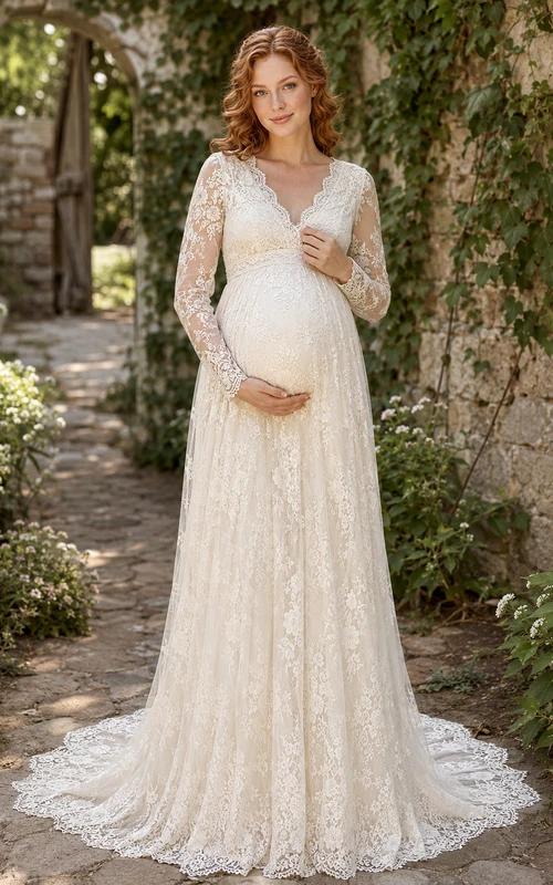 Vestido de novia premamá de manga larga con encaje integral, corte A, estilo jardín con cola.