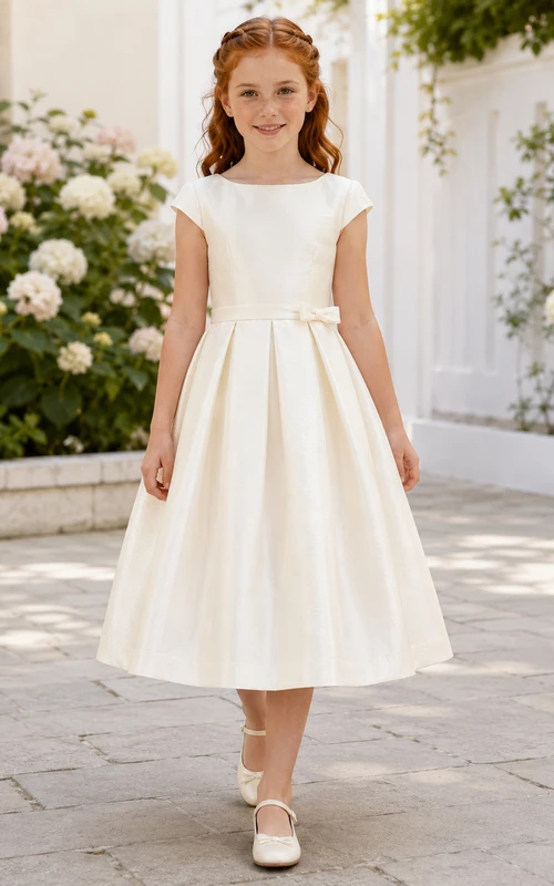 Cap Sleeve Satin Bow Communion Flowergirl Tea Length Ceremony Dress