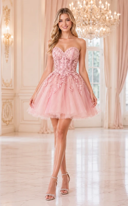 Vestido corto de cóctel de quinceañera color rosa empolvado, sin tirantes, con escote corazón, apliques florales y cuentas, de tul y corte en A.