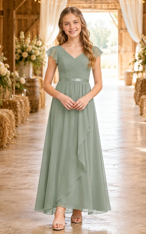 Celadonfarbenes Brautjungfernkleid für junge Damen, A-Linie, V-Ausschnitt, kurze Ärmel mit Rüschen, romantisch