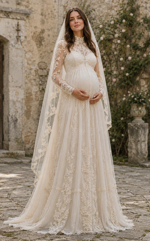 Maternity Wedding Dress High Neck Long Lace Sleeve Vintage Tulle Bridal Gown