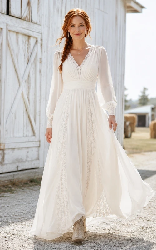 Western Boho Long Sleeve V-Neck Chiffon Empire A-Line Elopement Wedding Dress