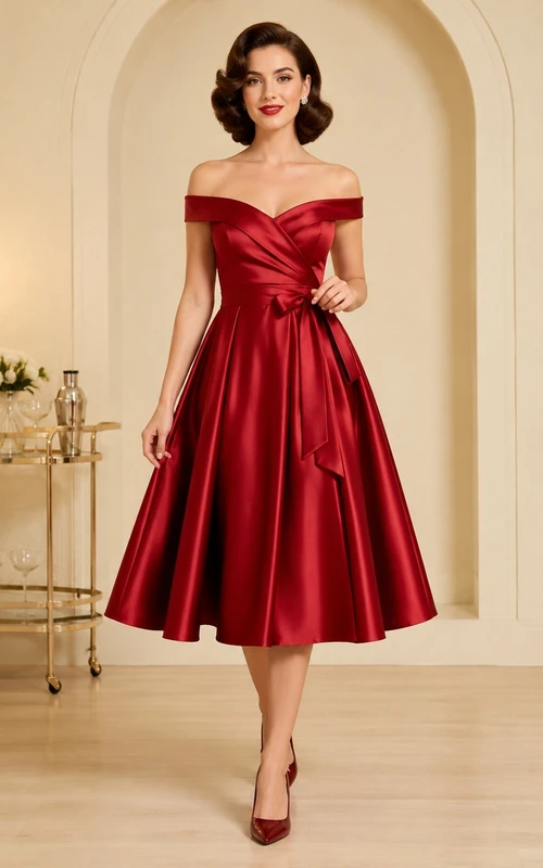 Vintage Red Tea-Length Off-Shoulder Sweetheart Satin A-Line 1950s Cocktail Party Dress