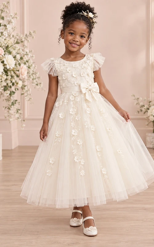Tea-length Ivory A-line Floral Tulle Ruffle-sleeve Sashed Bow-back Flower Girl Dress