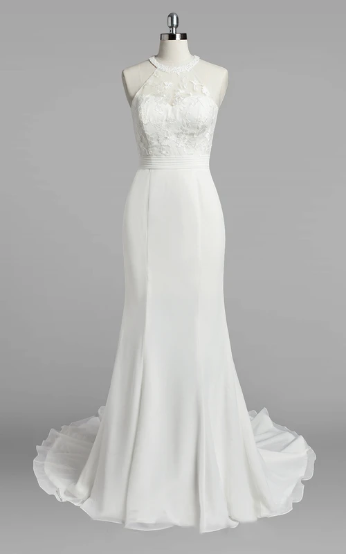 Meerjungfrauen-Hochzeitskleid aus Chiffon mit Juwelenkragen und Spitzenoberteil