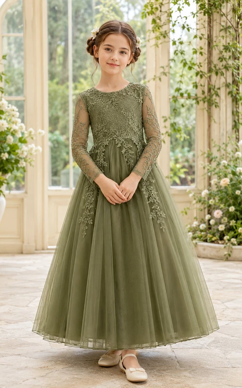 Robe de demoiselle d'honneur en tulle et dentelle vert olive, coupe trapèze, manches longues illusion, appliques florales et jupe longue.