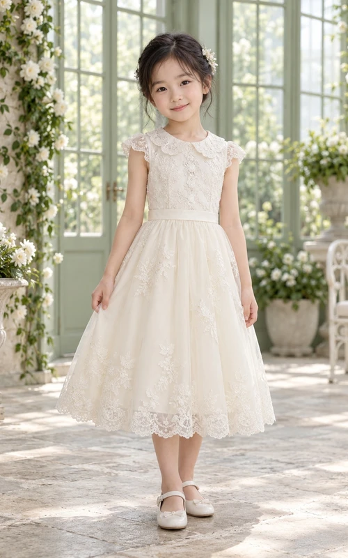 Tea-length Vintage Ivory A-line Floral Lace Collared Cap-sleeve Flower Girl Dress