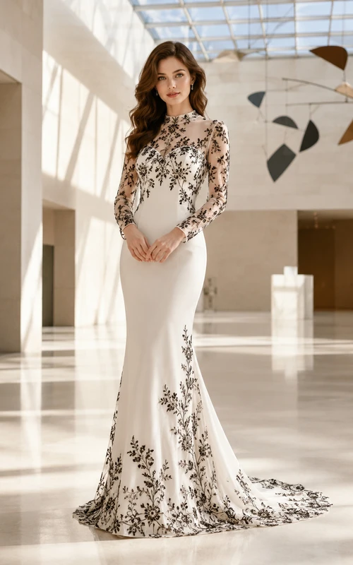 Black Embroidered Illusion Long Sleeve Mermaid Wedding Gown
