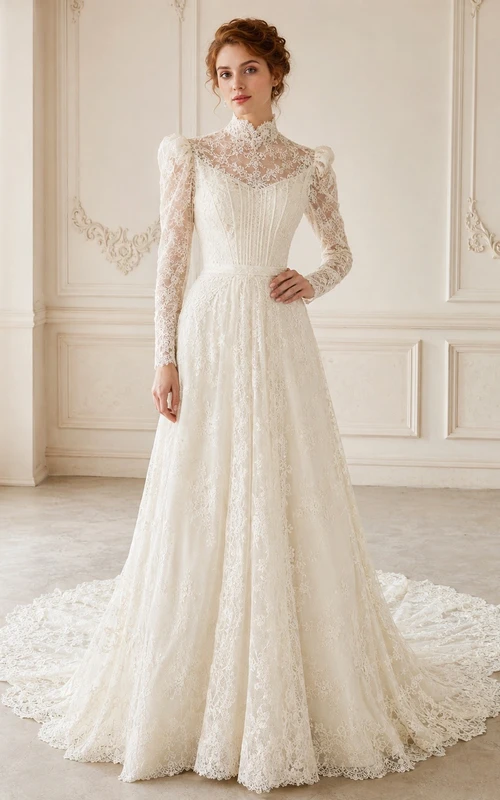 Vestido de novia blanco de encaje, corte A, manga larga, estilo vintage y modesto.