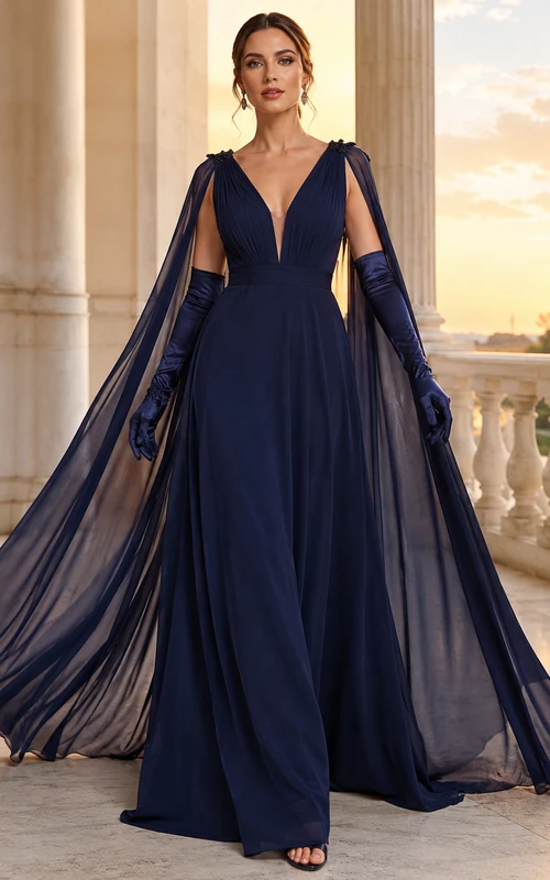 Dunkelblaues, ärmelloses Chiffon-Abendkleid in A-Linie mit tiefem V-Ausschnitt und Cape-Schnitt, bodenlang